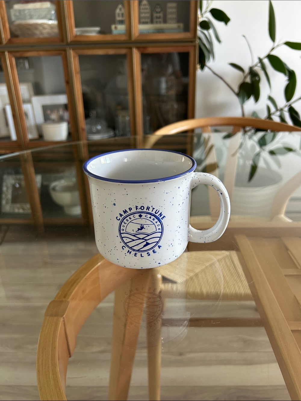 Camping Mug Camp Fortune - Chelsea Quebec - White Speckled Blue Rim Ceramic Mug